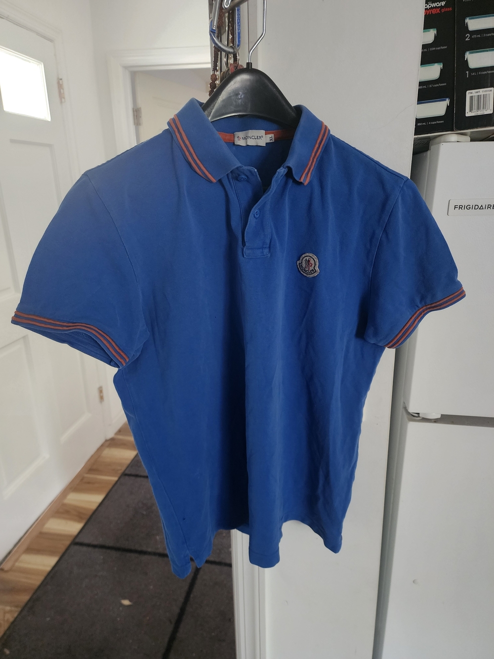 Moncler Blue Polo with Orange-Trim Collar and Sleeves